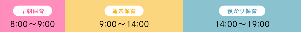 早朝保育は8時から9時まで、通常保育は9時から14時まで、預かり保育は14時から19時まで